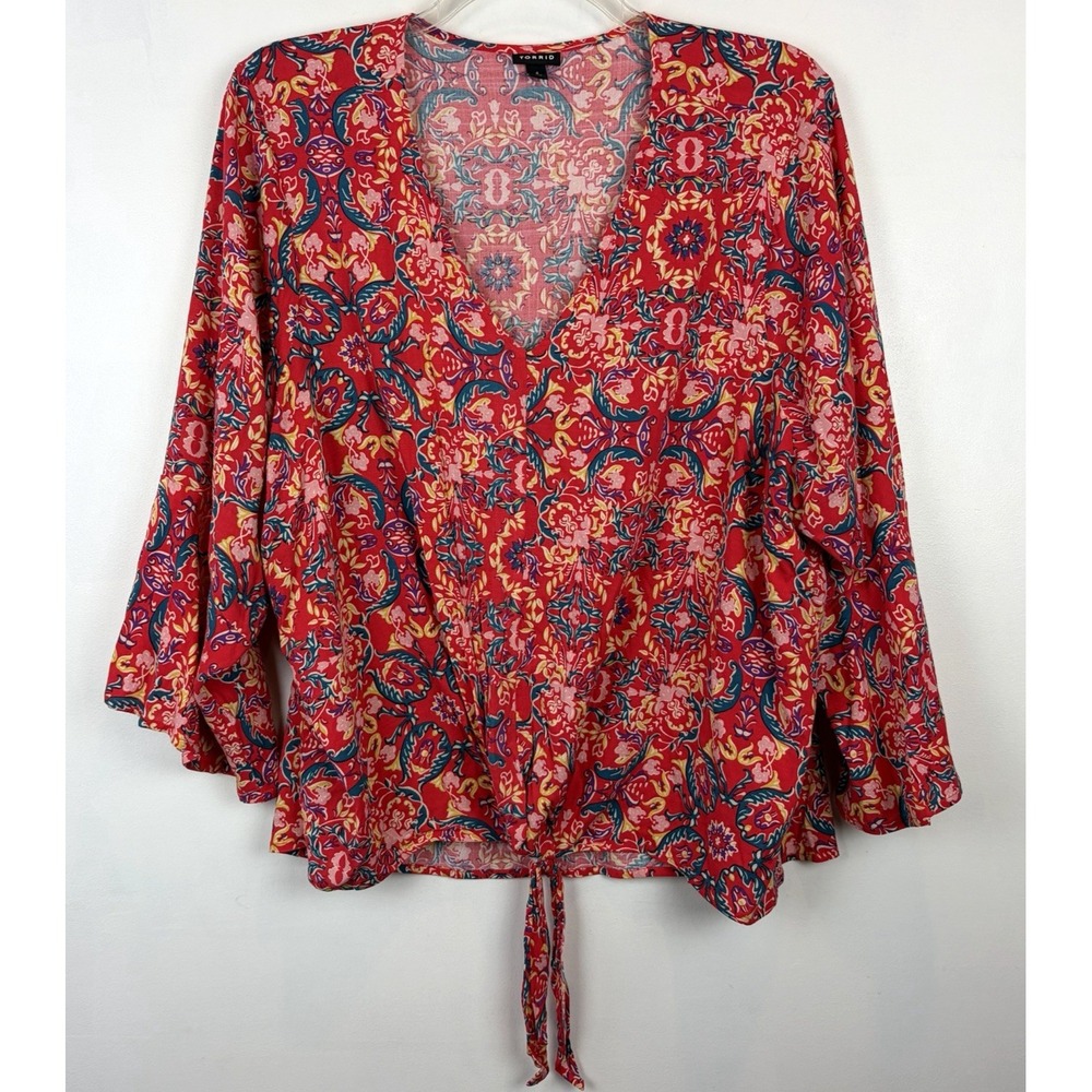 Torrid Top Womens 4X Floral Blouse Red Peasant Bohemian Boho Hippie
